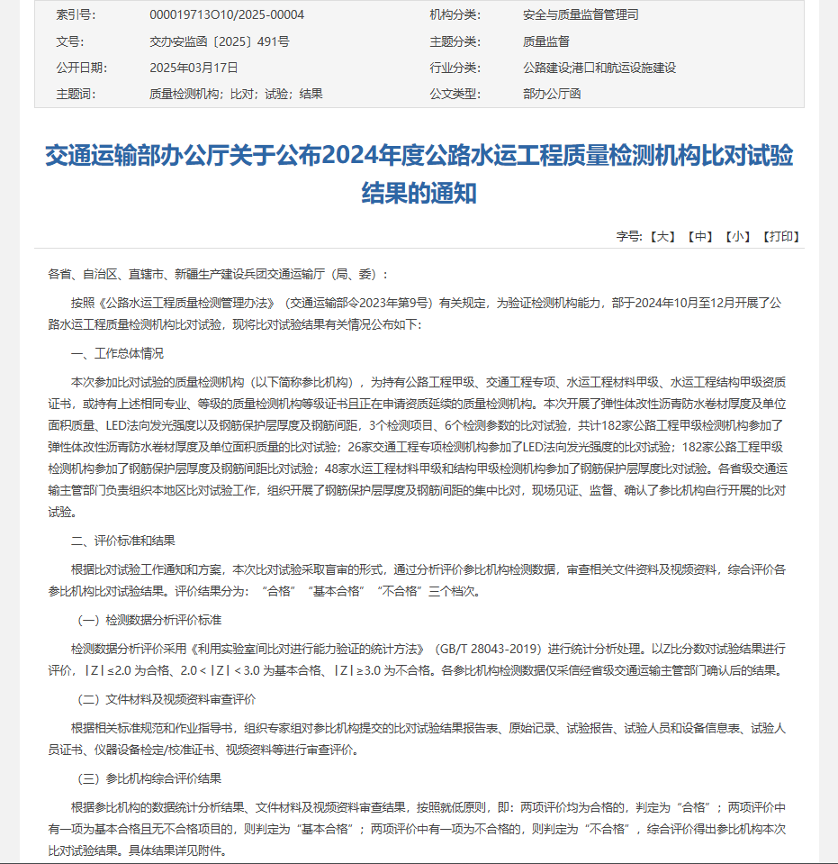 振通檢測順利通過交通運輸部公路2024年度公路水運工程質量檢測機構比對試驗